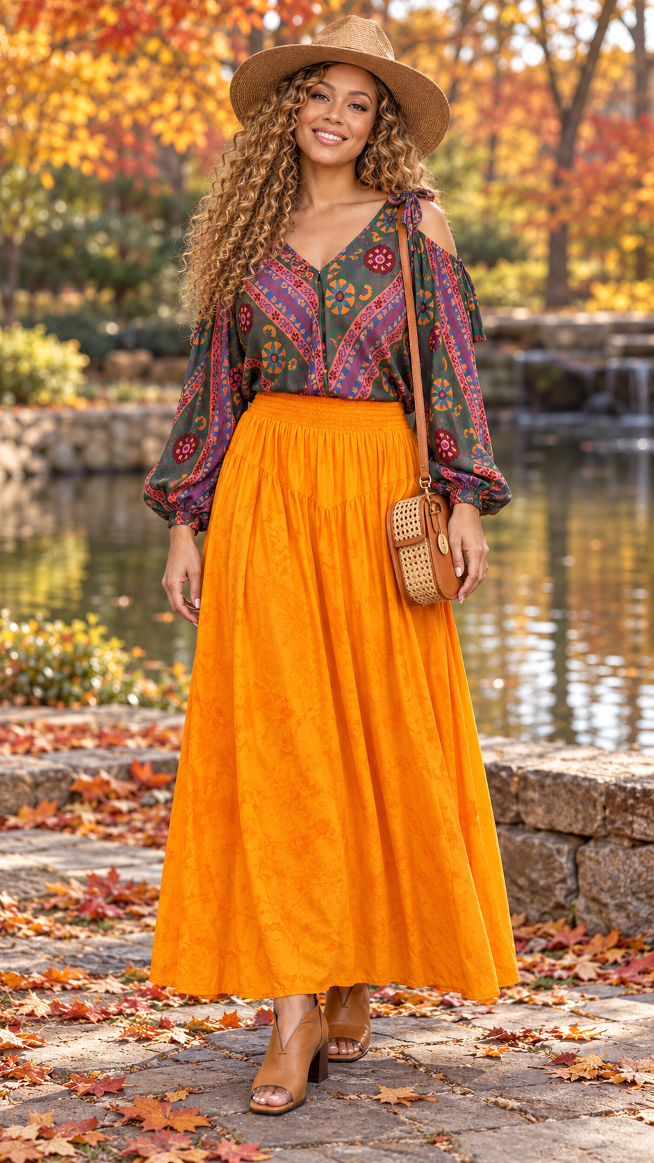 Patterned cold-shoulder blouse with golden-orange maxi skirt, straw hat, woven shoulder bag and cognac peep-toe shoes beside an autumn pond.