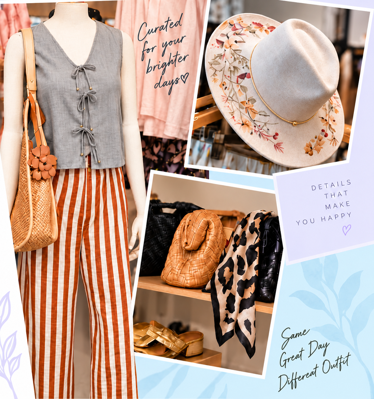 LanChic merchandise collage featuring a gray linen blouse and striped trousers, floral hat, woven handbags and accessories