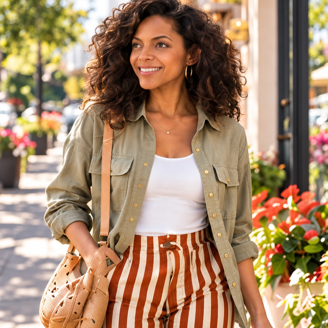 Sage shirt, white top and rust-striped trousers